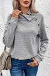 Gray Asymmetric Buttons Detail High Neck Textured Sweatshirt-Tops-MomFashion