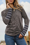 Gray Aztec Patchwork Ribbed Long Sleeve Top-Tops-MomFashion