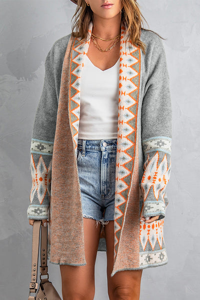 Gray Aztec Print Open Front Knitted Cardigan-Tops-MomFashion