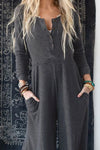 Gray Button Long Sleeve Wide Leg Jumpsuit-Bottoms-MomFashion