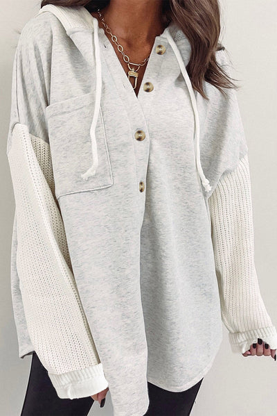 Gray Button Up Contrast Knitted Sleeves Hooded Jacket-Outerwear-MomFashion