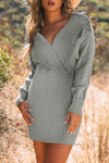 Gray Cable Ribbed Knit V Neck Bodycon Sweater Dress-Dresses-MomFashion