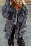 Gray Checked Patchwork Frayed Hem Hooded Denim Shacket-Outerwear-MomFashion