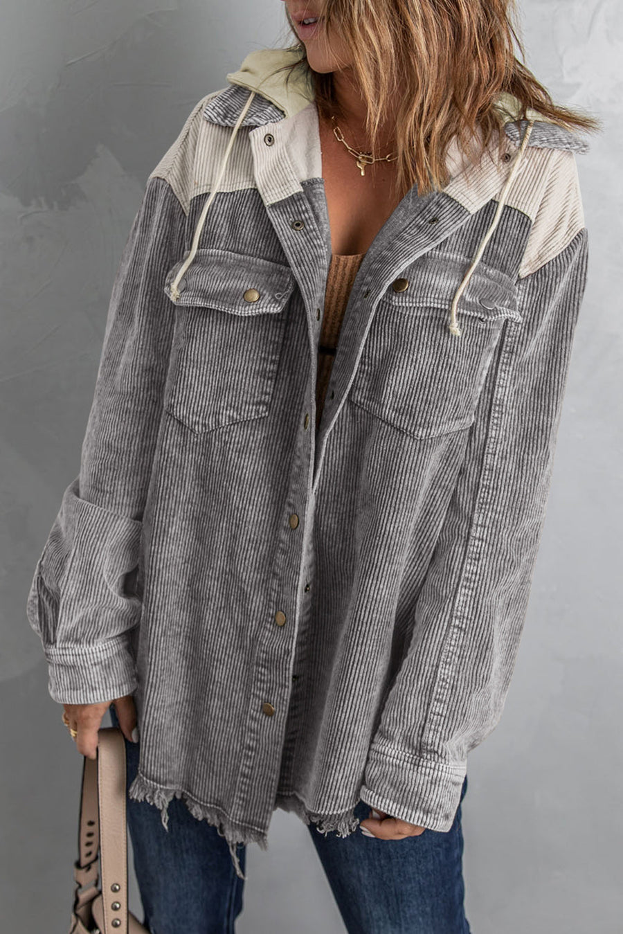 Gray Color Block Button Down Hooded Corduroy Jacket-Outerwear-MomFashion