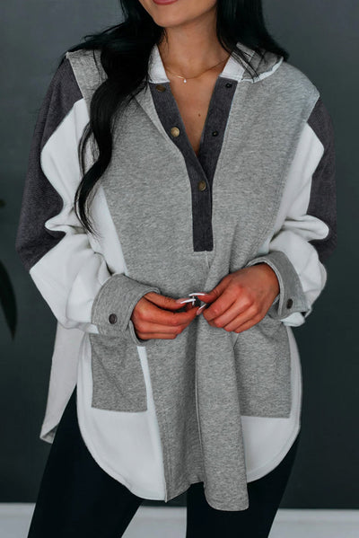 Gray Color Block Exposed Seam Buttoned Neckline Hoodie-Tops-MomFashion