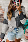 Gray Colorblock Seamed Ribbed Henley Hoodie-Tops-MomFashion