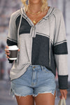 Gray Colorblock Seamed Ribbed Henley Hoodie-Tops-MomFashion