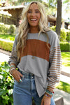 Gray Colorblock Striped Bishop Sleeve Top-Tops-MomFashion