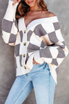 Gray Contrast Checkered Print Button Up Sweater Cardigan-Tops-MomFashion