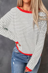 Gray Contrast Trimmed Striped Drop Shoulder Sweater-Tops-MomFashion