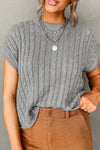 Gray Crew Neck Cable Knit Short Sleeve Sweater-Tops-MomFashion