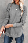 Gray Crew Neck Ribbed Trim Waffle Knit Top-Tops-MomFashion