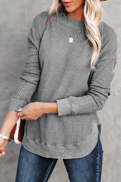 Gray Crew Neck Ribbed Trim Waffle Knit Top-Tops-MomFashion