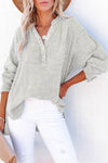 Gray Crinkle Textured Loose Henley Top-Tops-MomFashion