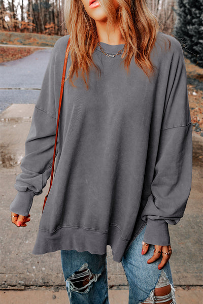 Gray Drop Shoulder Ribbed Trim Oversized Sweatshirt-Tops-MomFashion