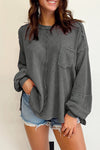 Gray Exposed Seam Patchwork Bubble Sleeve Waffle Knit Top-Tops-MomFashion