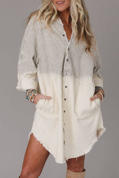 Gray Gradient Long Sleeve Button Up Raw Hem Denim Dress-Dresses-MomFashion