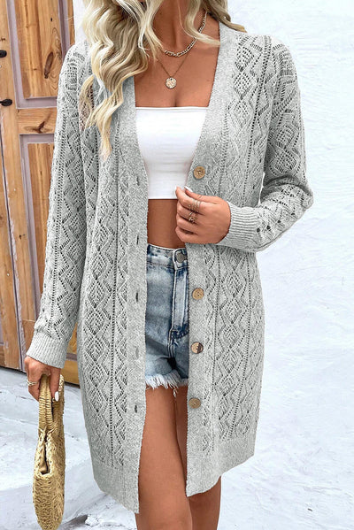 Gray Hollow Out Buttons Front Long Cardigan-Sweaters & Cardigans/Cardigans-MomFashion