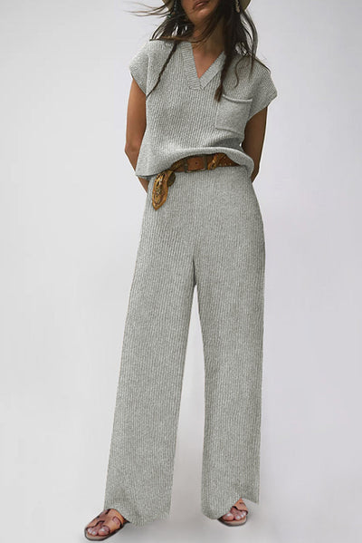 Gray Knitted V Neck Sweater and Casual Pants Set-Loungewear-MomFashion