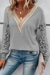 Gray Lace Splicing V Neck Puff Sleeve Top-Tops-MomFashion