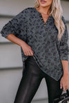 Gray Leopard Print Button Split Neck Waffle Sweatshirt-Tops-MomFashion