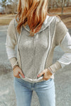 Gray Long Sleeve Textured Knit Patchwork Hoodie-Tops-MomFashion