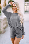 Gray Long Sleeve Top and Drawstring Shorts Lounge Set-Loungewear-MomFashion