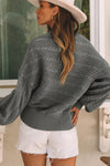 Gray Mock Neck Lantern Sleeve Cable Knit Sweater-Tops-MomFashion