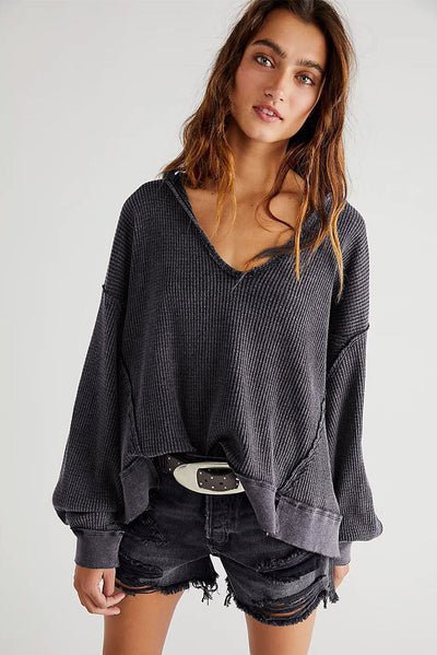 Gray Oversized Drop Shoulder Thermal Knit Top-Tops-MomFashion