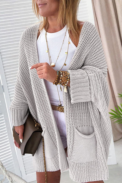 Gray Oversized Fold Over Sleeve Sweater Cardigan-Tops-MomFashion