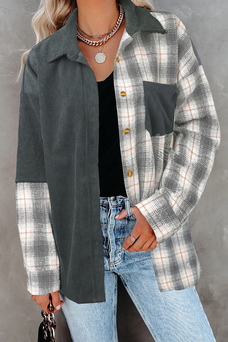 Gray Plaid Color Block Button-up Oversize Corduroy Shirt-Tops-MomFashion
