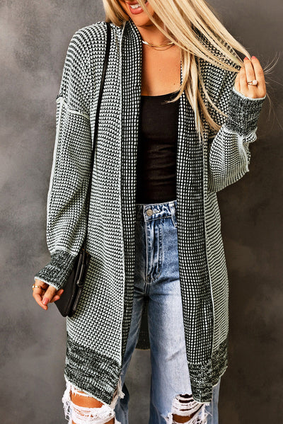 Gray Plaid Knitted Long Open Front Cardigan-Tops-MomFashion