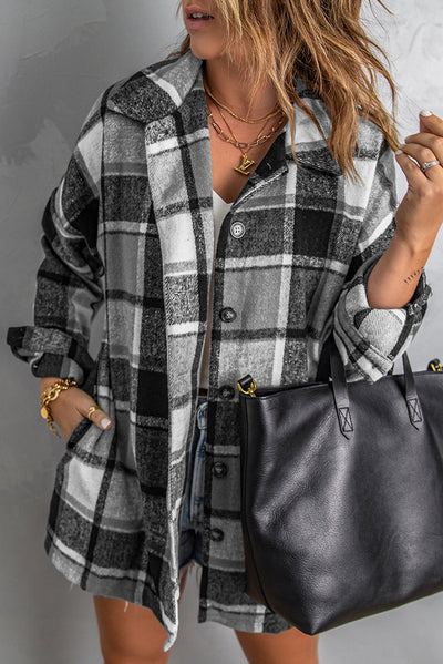 Gray Plaid Print Buttoned Shirt Jacket-Outerwear-MomFashion