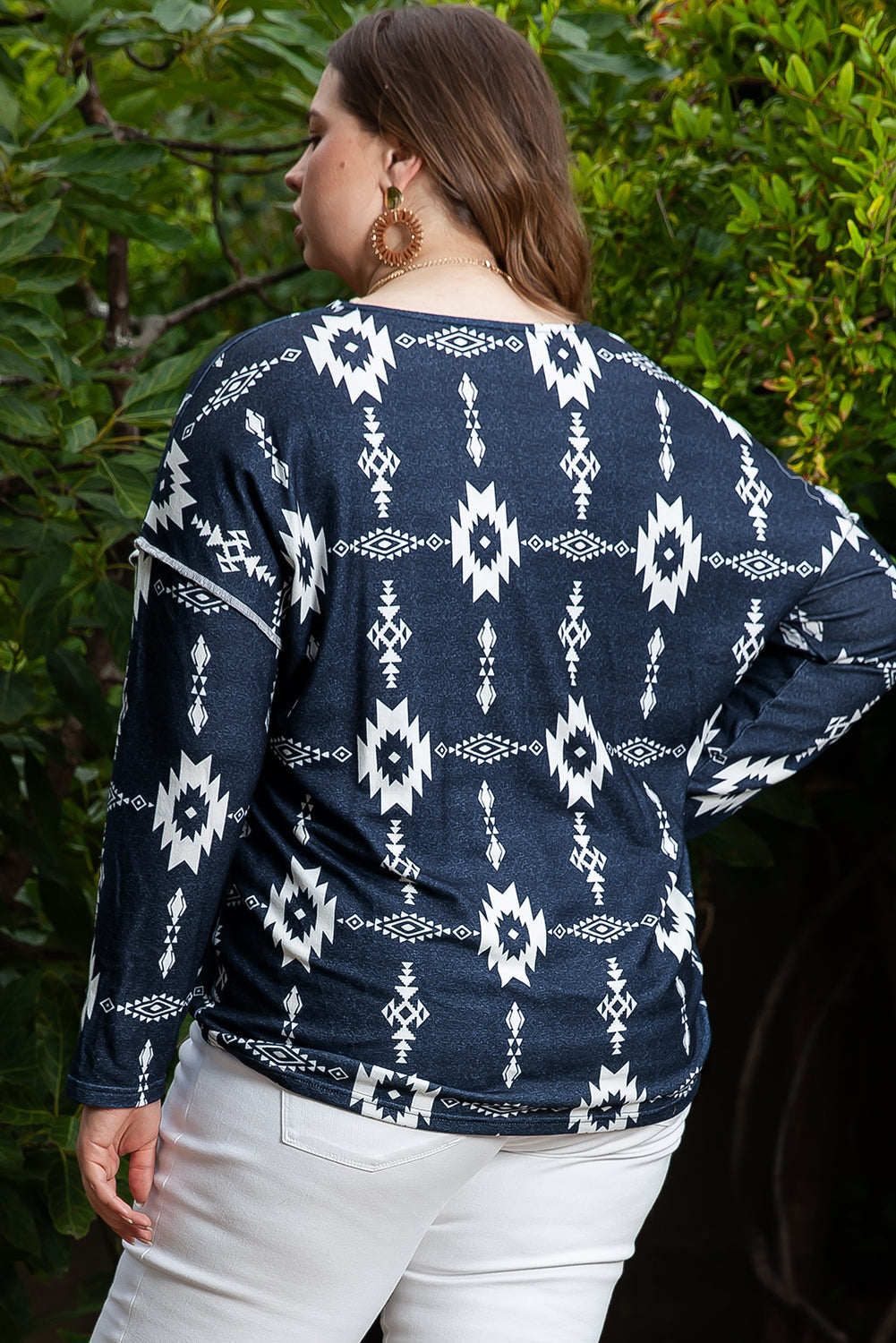 Gray Plus Size Aztec Print Exposed Seam Top-Plus Size-MomFashion