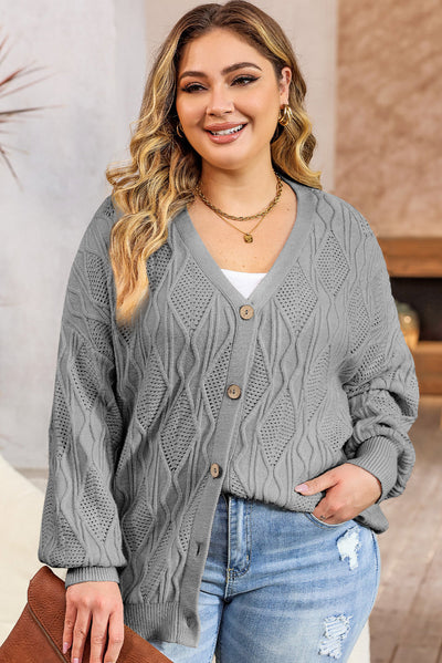 Gray Plus Size Knitted Hollow out Button up Cardigan-Plus Size-MomFashion