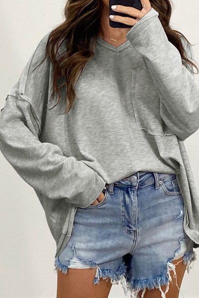 Gray Pocketed Oversized Drop Sleeve Top-Tops-MomFashion