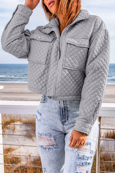 Gray Quilted Pocketed Zip-up Cropped Jacket-Outerwear-MomFashion