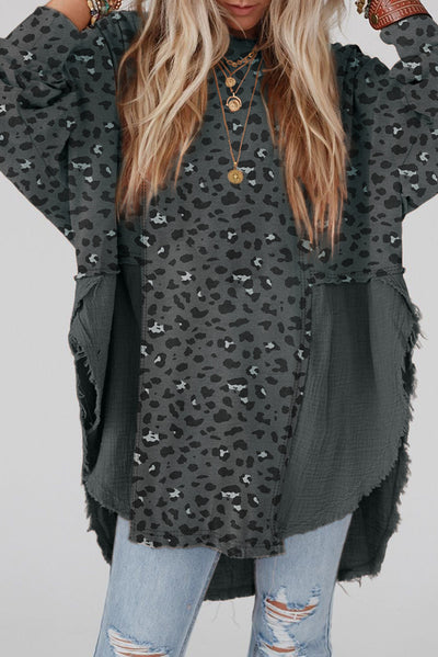 Gray Raw Edge Leopard Patchwork Oversized Blouse-Tops-MomFashion