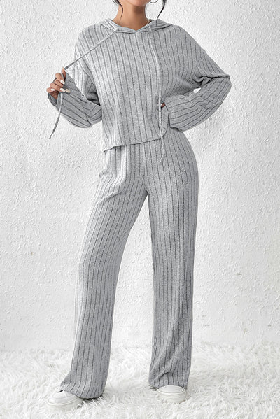 Gray Ribbed Knit Slouchy Hoodie Wide Leg Pants Set-Loungewear-MomFashion