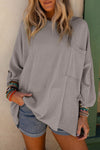 Gray Ribbed Roll-tab Sleeve Chest Pocket Oversize Top-Tops-MomFashion