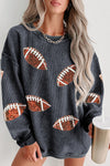 Gray Sequin Rugby Graphic Corded Baggy Sweatshirt-Graphic-MomFashion