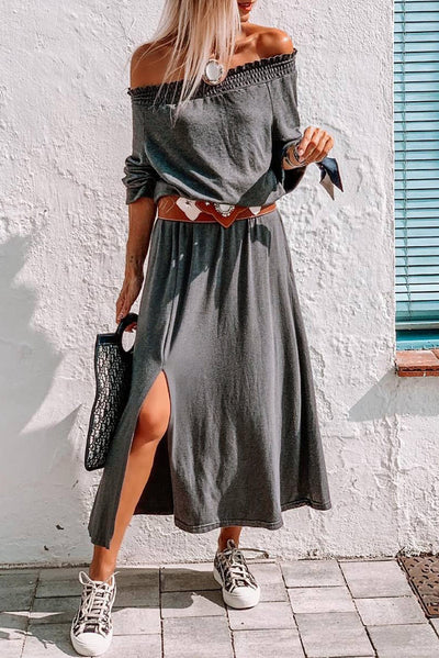 Gray Shirred Off Shoulder Maxi Dress with Split-Dresses-MomFashion