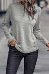 Gray Side Buttons Crew Neck Knit Top-Tops-MomFashion