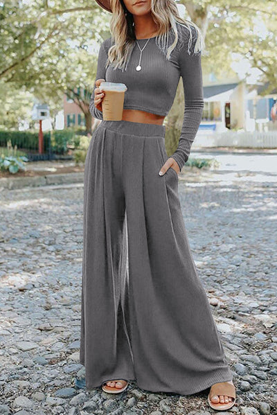 Gray Solid Color Ribbed Crop Top Long Pants Set-Loungewear-MomFashion