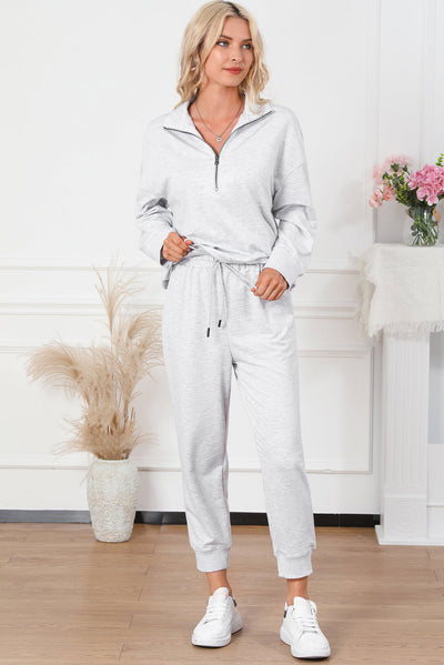 Gray Solid Half Zipped Drawstring High Waist Lounge Set-Loungewear-MomFashion