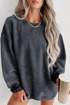 Gray Solid Ribbed Knit Round Neck Pullover Sweatshirt-Tops-MomFashion