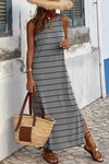 Gray Stripe Print Open Back Sleeveless Maxi Dress with Slits-Dresses-MomFashion