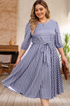 Gray Striped Tie Waist 3/4 Sleeve Plus Size Dress-Plus Size-MomFashion