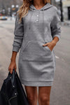 Gray Textured Kangaroo Pocket Drawstring Hooded Mini Dress-Dresses-MomFashion