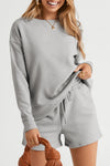 Gray Textured Long Sleeve Top and Drawstring Shorts Set-Loungewear-MomFashion